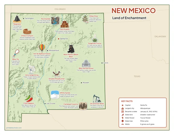 Illustrated map of New Mexico in color
