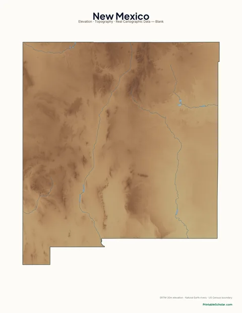New Mexico blank physical map — same topographic relief, no labels, for label-it-yourself geography exercises