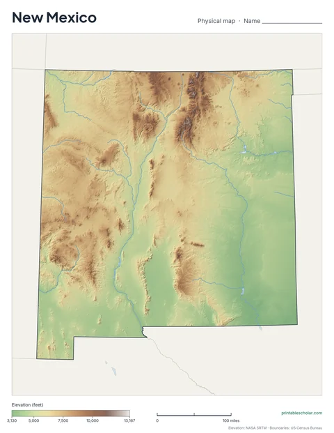 New Mexico blank physical map: the same terrain with no labels, for labeling practice