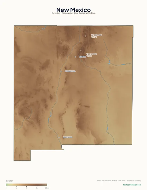 New Mexico physical map labeled — showing the Sangre de Cristo Mountains, the Rio Grande Rift, the Chihuahuan Desert, and the Llano Estacado, with peak elevations and major cities marked