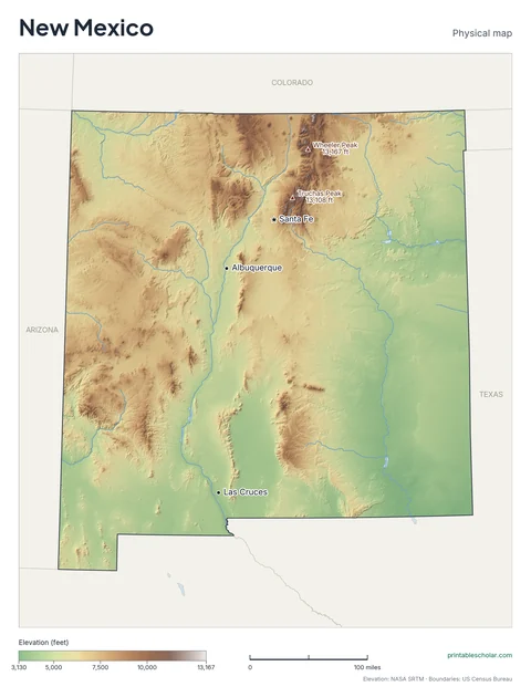 New Mexico physical map, labeled: the Sangre de Cristo Mountains, the Rio Grande Rift, the Chihuahuan Desert, and the Llano Estacado, with the capital, cities and highest point marked