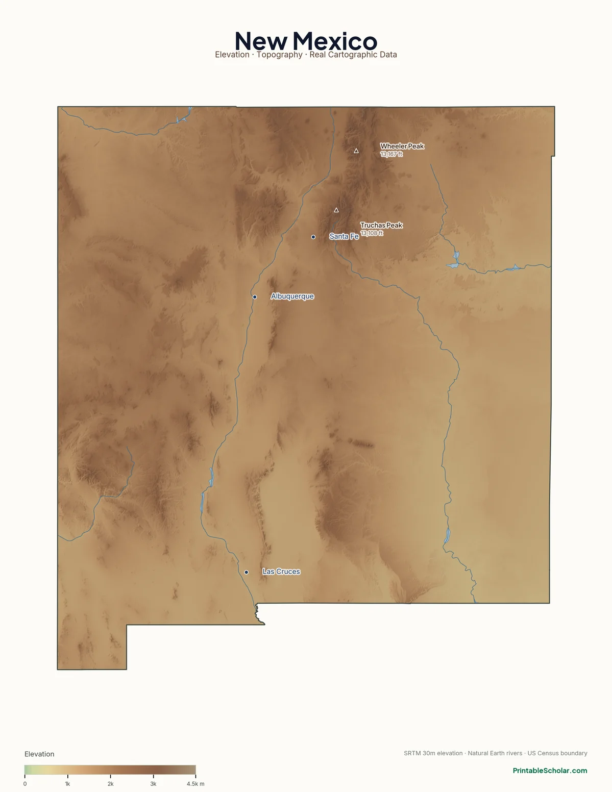 New Mexico physical map showing the Sangre de Cristo Mountains, the Rio Grande Rift, the Chihuahuan Desert, and the Llano Estacado, with major peaks and cities labeled. Topographic relief from NASA SRTM elevation data.