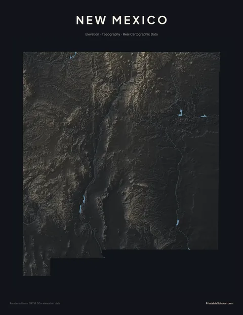 New Mexico topographic relief poster — high-contrast monochrome rendering of the Sangre de Cristo Mountains, the Rio Grande Rift, the Chihuahuan Desert, and the Llano Estacado