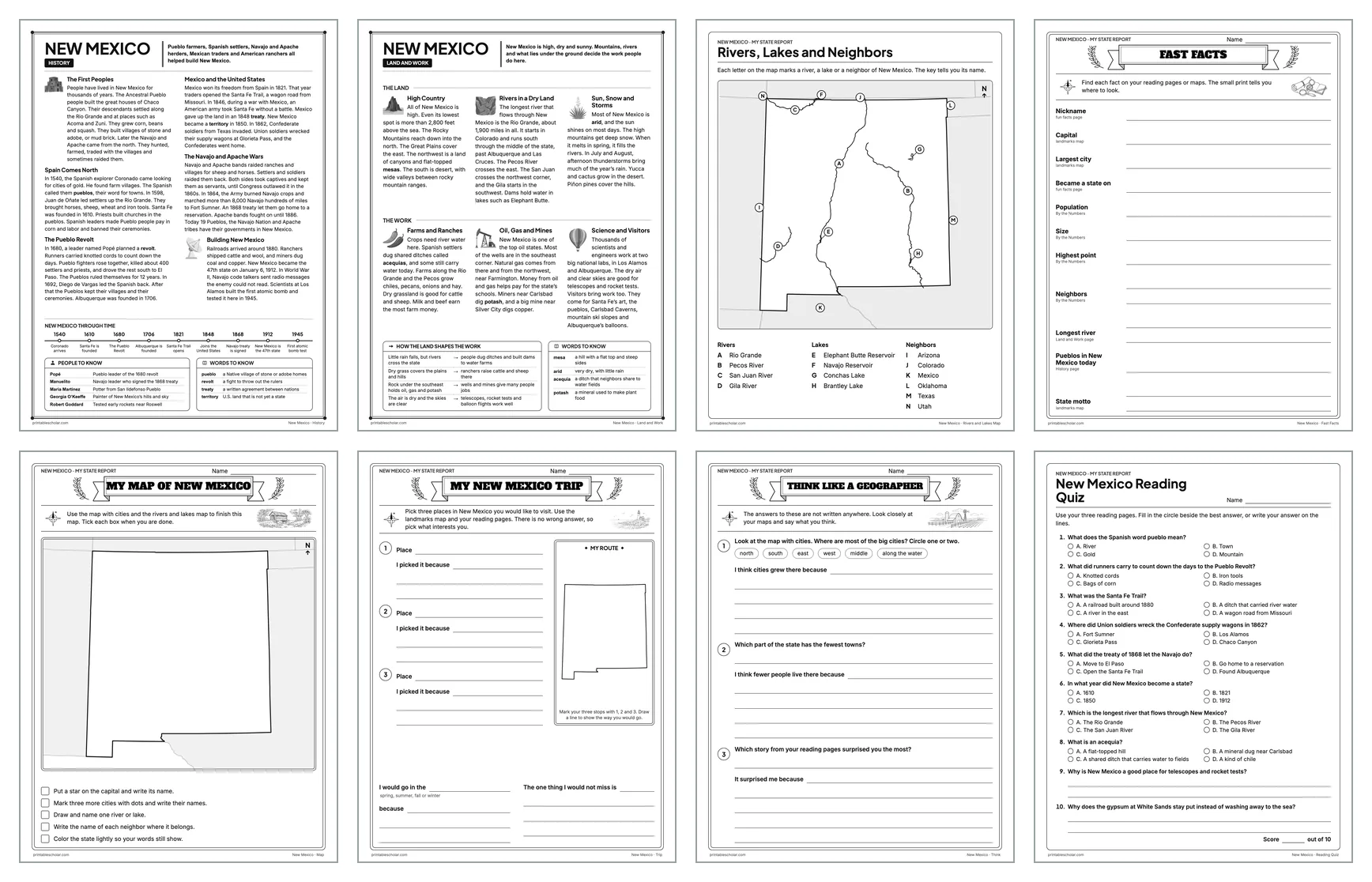 Eight pages from the New Mexico State Report Kit: History, Land and Work, the rivers and lakes map, Fast Facts, My Map, My Trip, Think Like a Geographer and the reading quiz