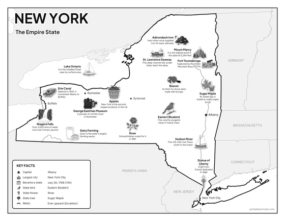 Black and white illustrated map of New York