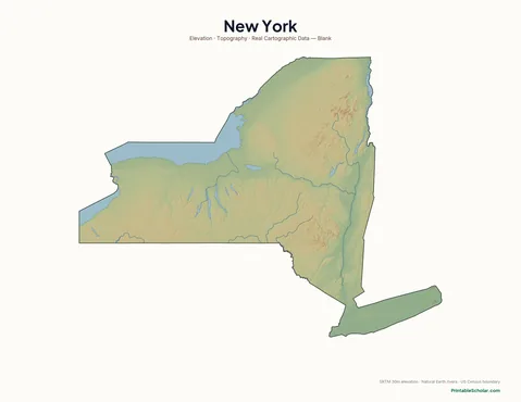 New York blank physical map — same topographic relief, no labels, for label-it-yourself geography exercises