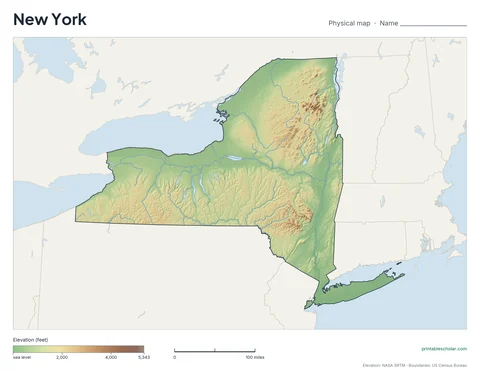 New York blank physical map: the same terrain with no labels, for labeling practice