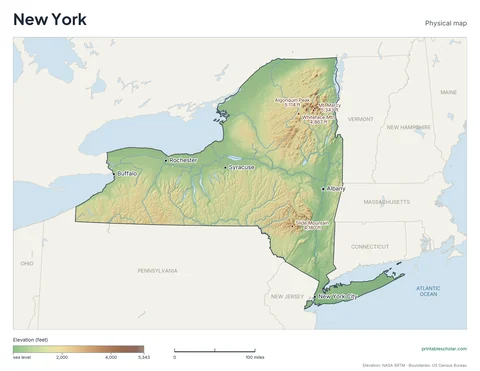 New York physical map, labeled: the Adirondack Mountains, Catskills, Hudson Valley, and Finger Lakes, with the capital, cities and highest point marked