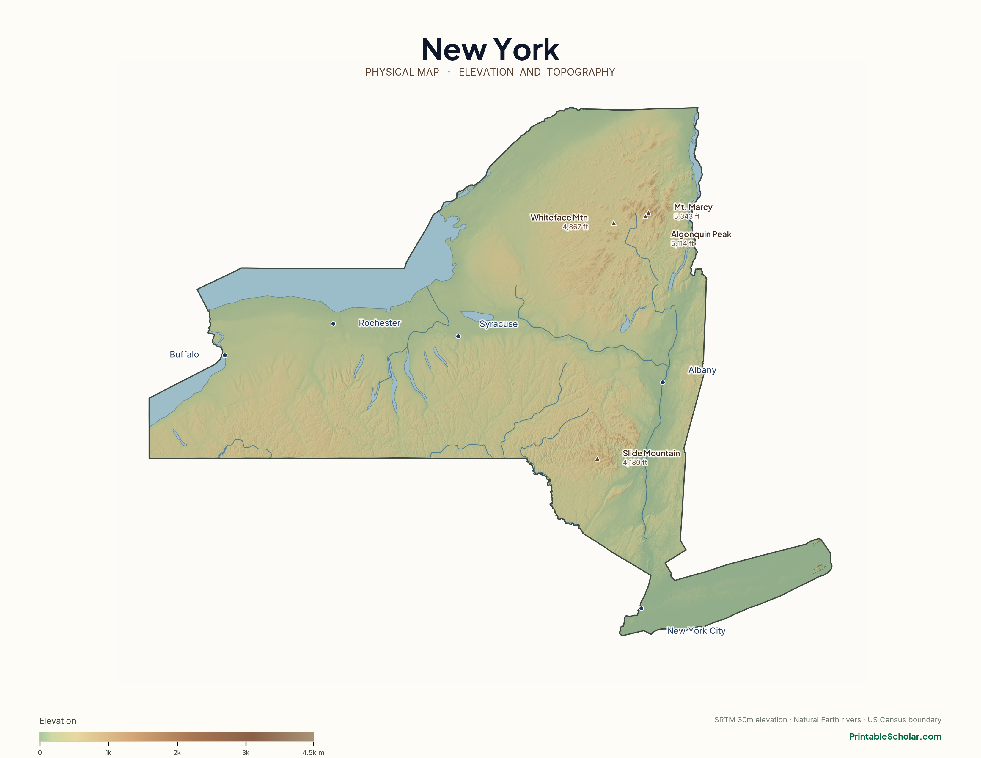 New York physical map with labeled peaks, cities, and rivers