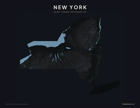 New York topographic relief poster — high-contrast monochrome rendering of the Adirondack Mountains, Catskills, Hudson Valley, and Finger Lakes