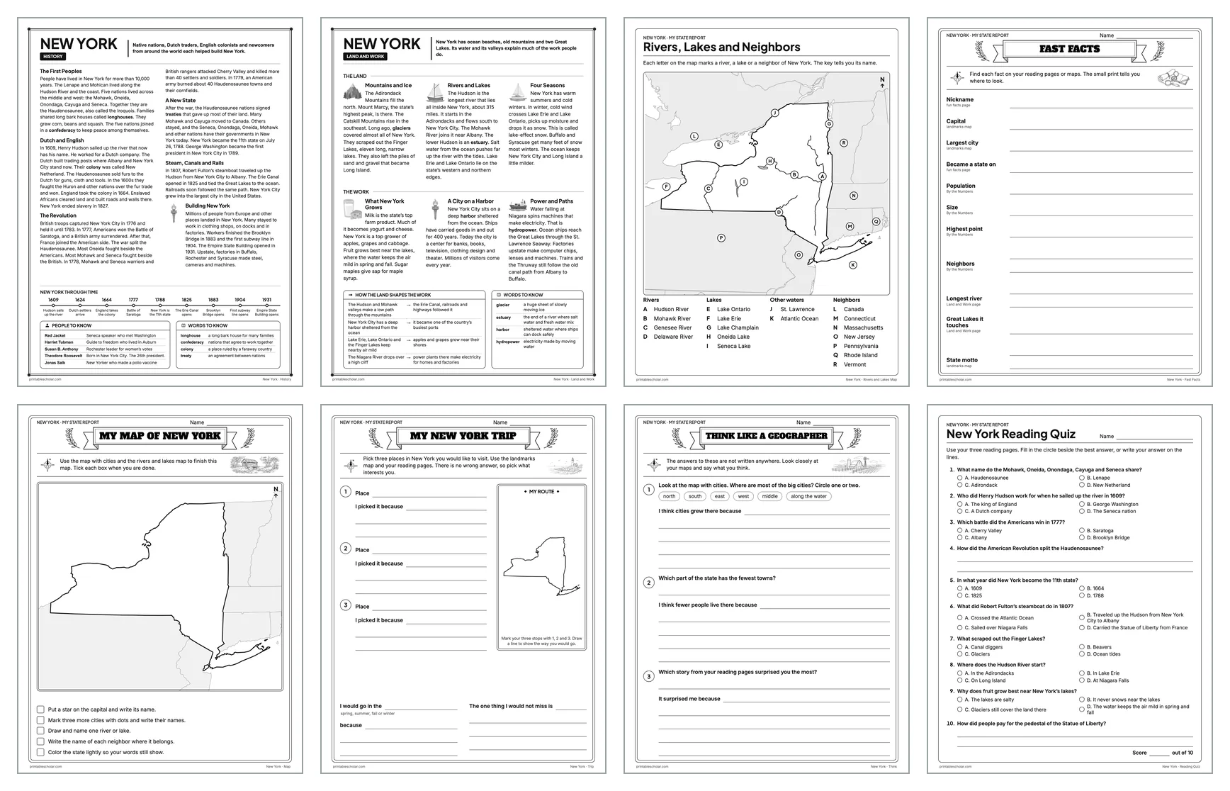 Eight pages from the New York State Report Kit: History, Land and Work, the rivers and lakes map, Fast Facts, My Map, My Trip, Think Like a Geographer and the reading quiz