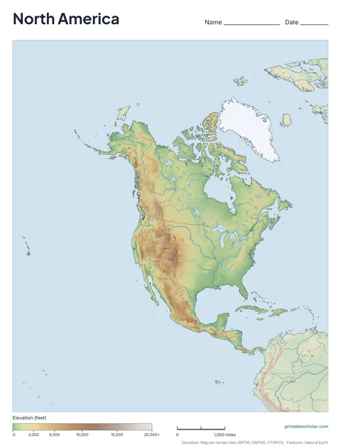 North America physical map, blank, for labeling practice