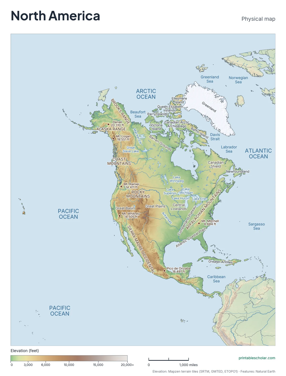 Physical map of North America with mountain ranges, deserts, rivers and highest peaks labeled