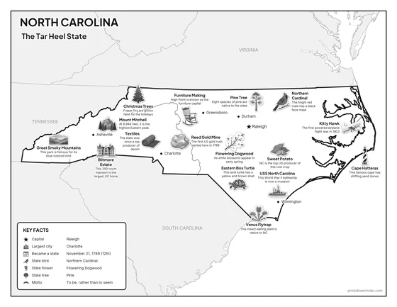Black and white illustrated map of North Carolina