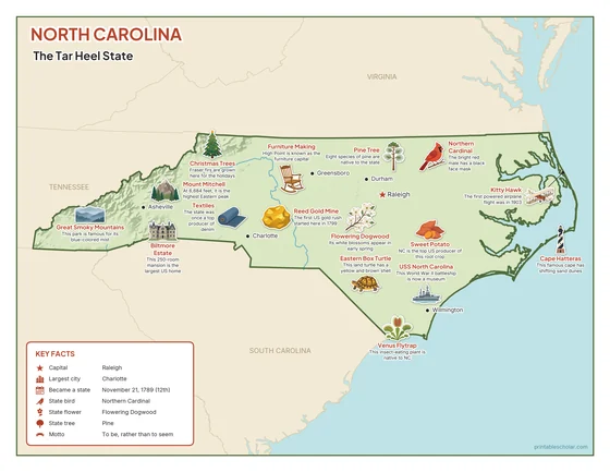 Illustrated map of North Carolina in color