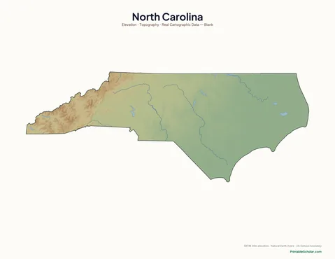 North Carolina blank physical map — same topographic relief, no labels, for label-it-yourself geography exercises
