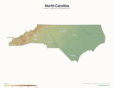 North Carolina physical map labeled — showing the Blue Ridge Mountains, the Piedmont, and the Coastal Plain with the Outer Banks, with peak elevations and major cities marked