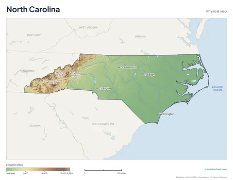 North Carolina physical map, labeled: the Blue Ridge Mountains, the Piedmont, and the Coastal Plain with the Outer Banks, with the capital, cities and highest point marked
