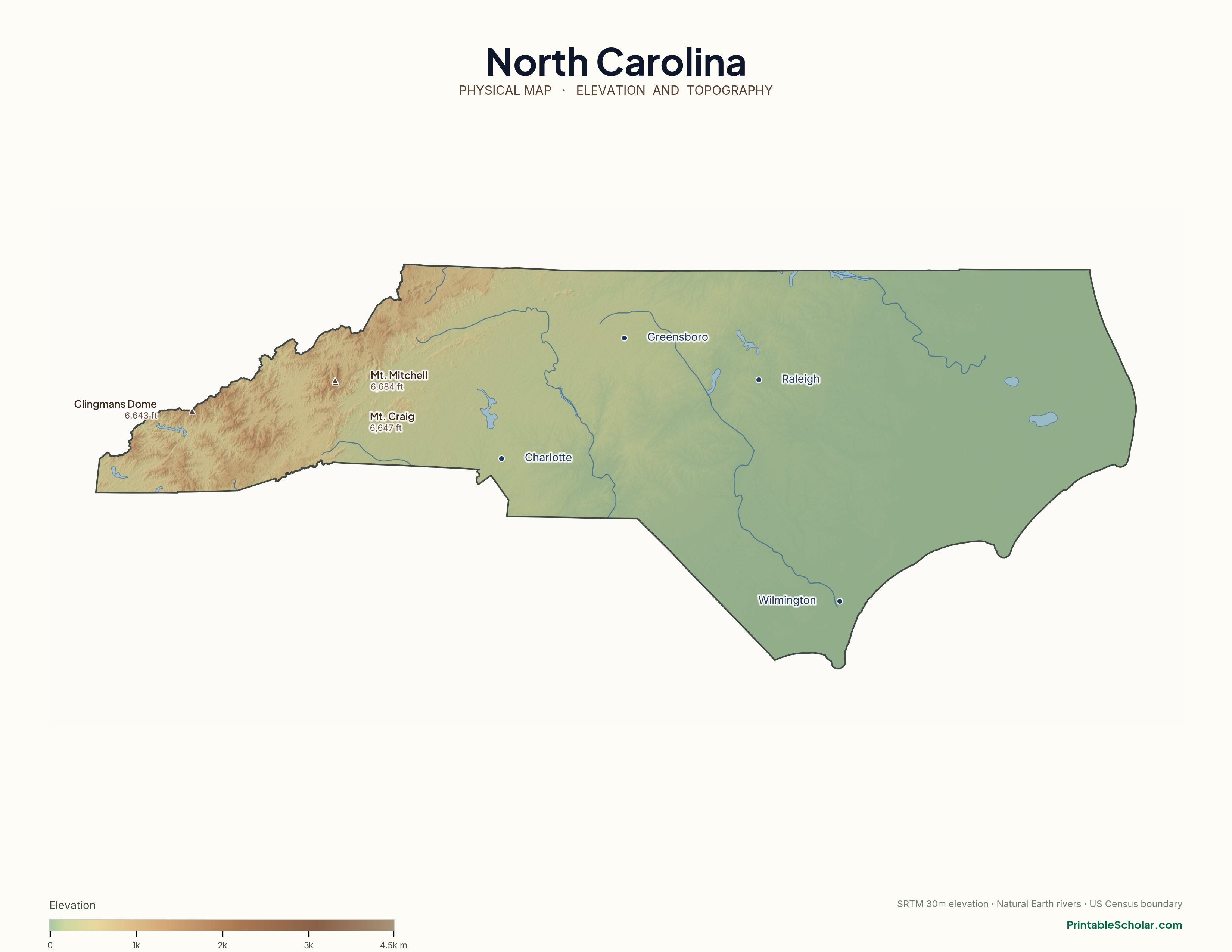 North Carolina physical map with labeled peaks, cities, and rivers