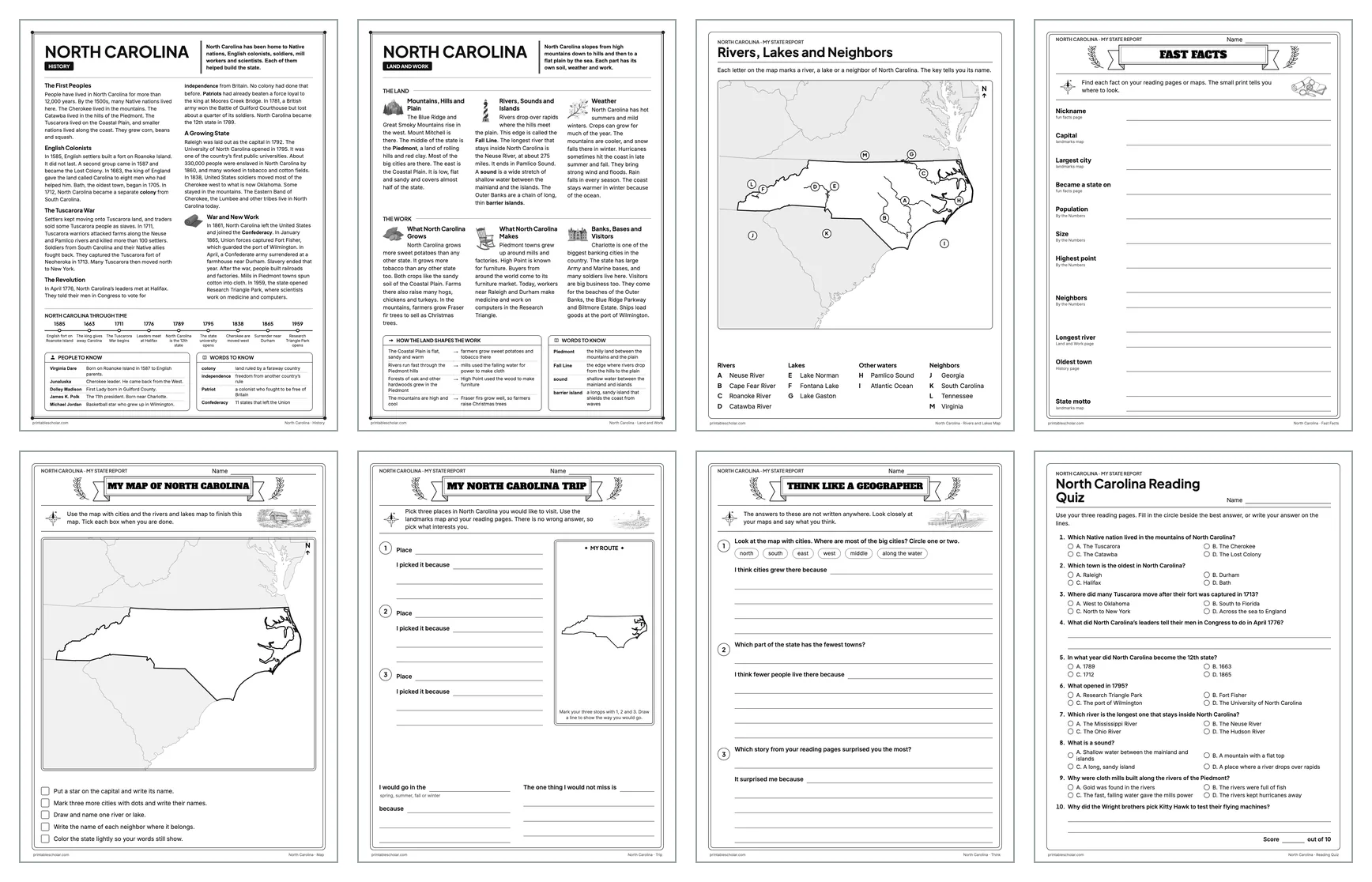 Eight pages from the North Carolina State Report Kit: History, Land and Work, the rivers and lakes map, Fast Facts, My Map, My Trip, Think Like a Geographer and the reading quiz