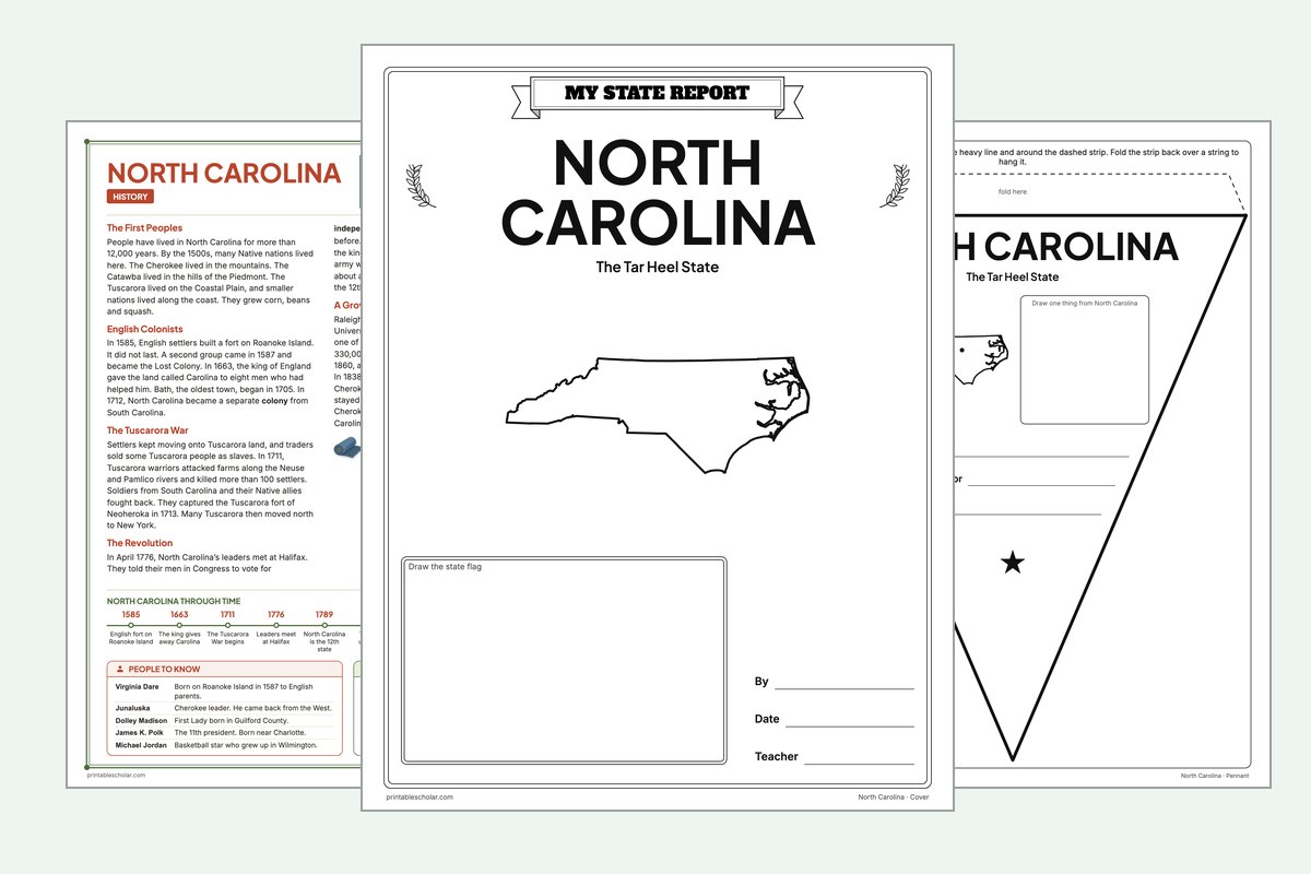North Carolina State Report Kit: the report booklet cover, the history reading page and the pennant