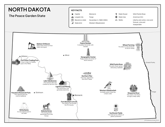 Black and white illustrated map of North Dakota