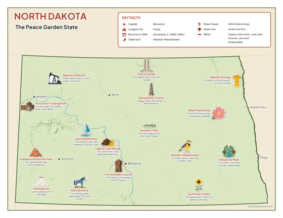 Illustrated map of North Dakota in color