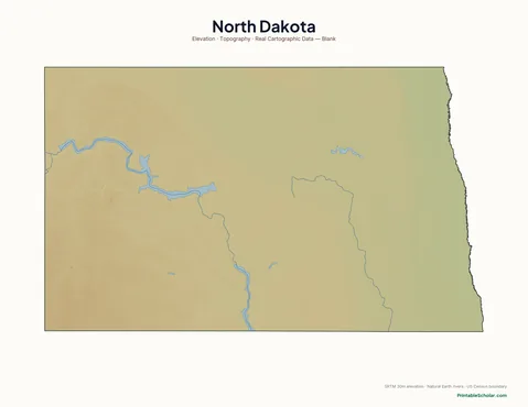 North Dakota blank physical map — same topographic relief, no labels, for label-it-yourself geography exercises