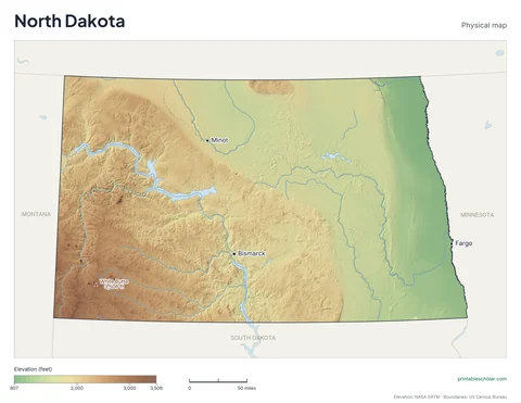 North Dakota physical map, labeled: the Badlands, the Missouri Plateau, and the Red River Valley, with the capital, cities and highest point marked