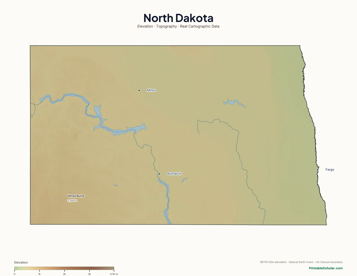 North Dakota physical map showing the Badlands, the Missouri Plateau, and the Red River Valley, with major peaks and cities labeled. Topographic relief from NASA SRTM elevation data.
