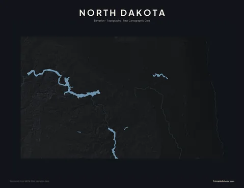 North Dakota topographic relief poster — high-contrast monochrome rendering of the Badlands, the Missouri Plateau, and the Red River Valley