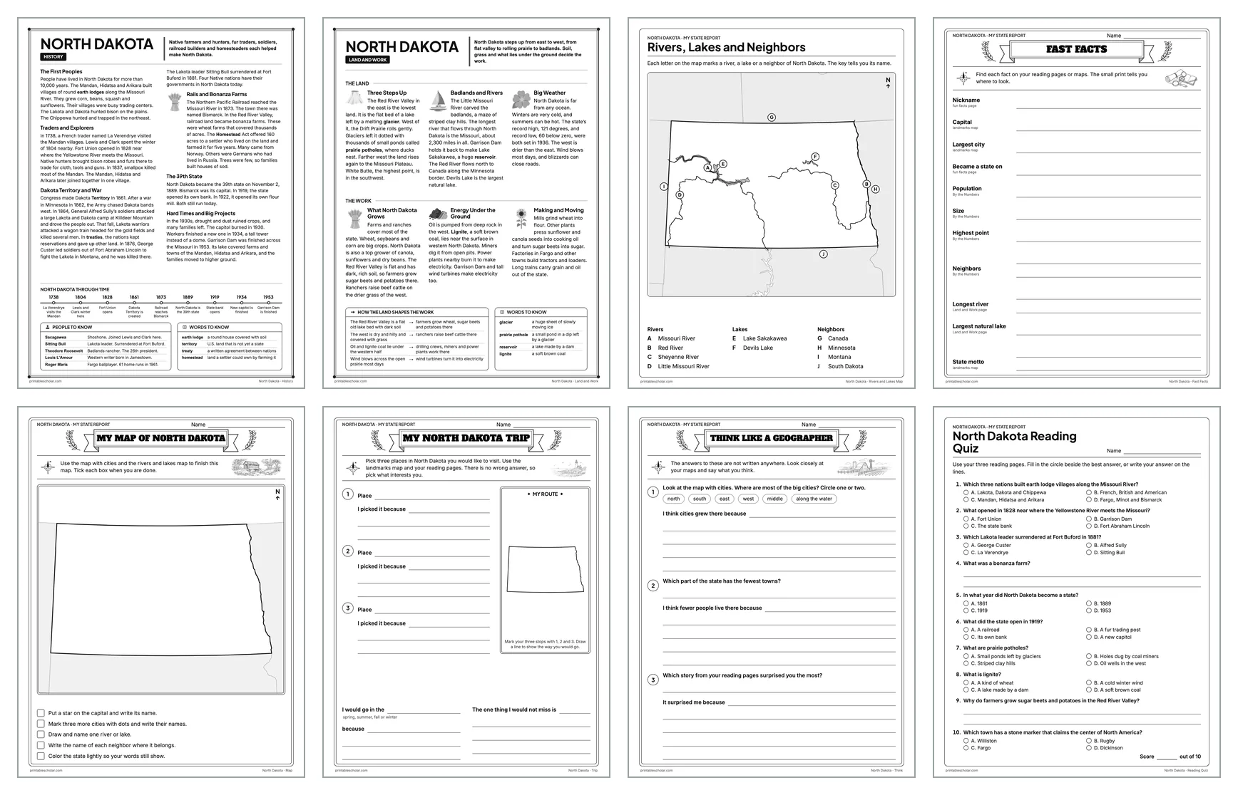 Eight pages from the North Dakota State Report Kit: History, Land and Work, the rivers and lakes map, Fast Facts, My Map, My Trip, Think Like a Geographer and the reading quiz