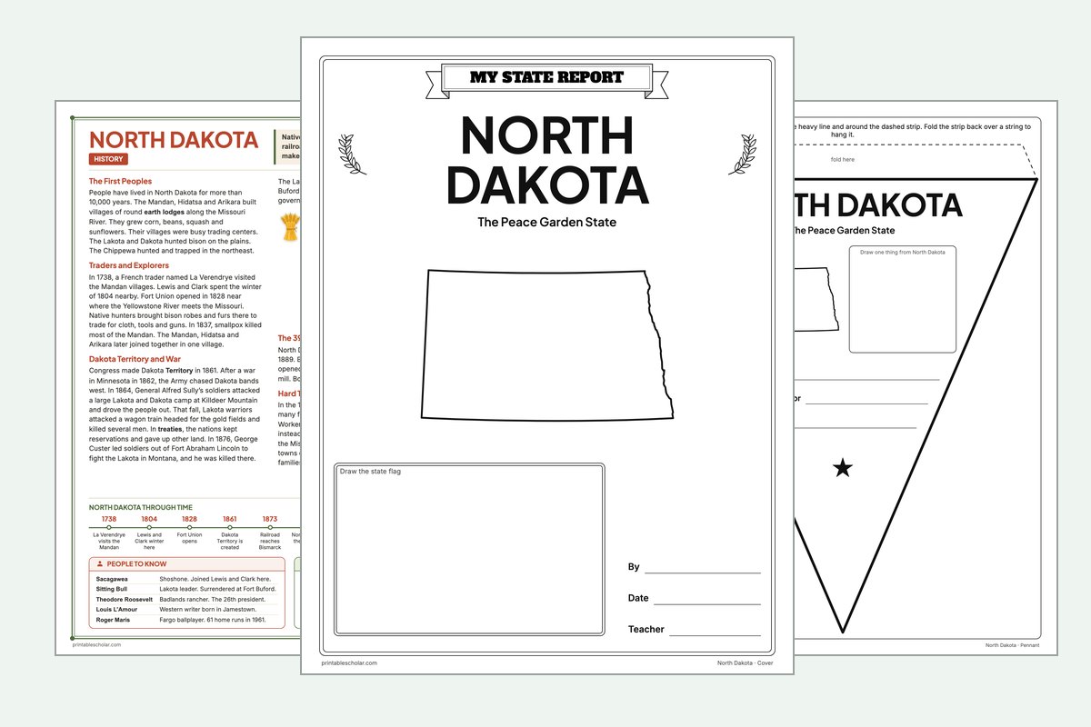 North Dakota State Report Kit: the report booklet cover, the history reading page and the pennant