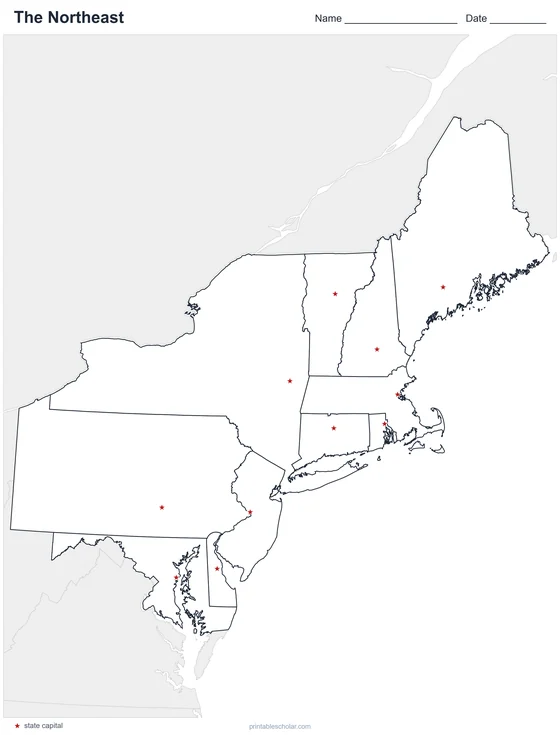Northeast States Map, blank