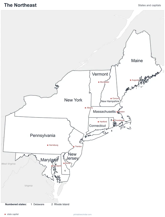 Northeast States Map, labeled