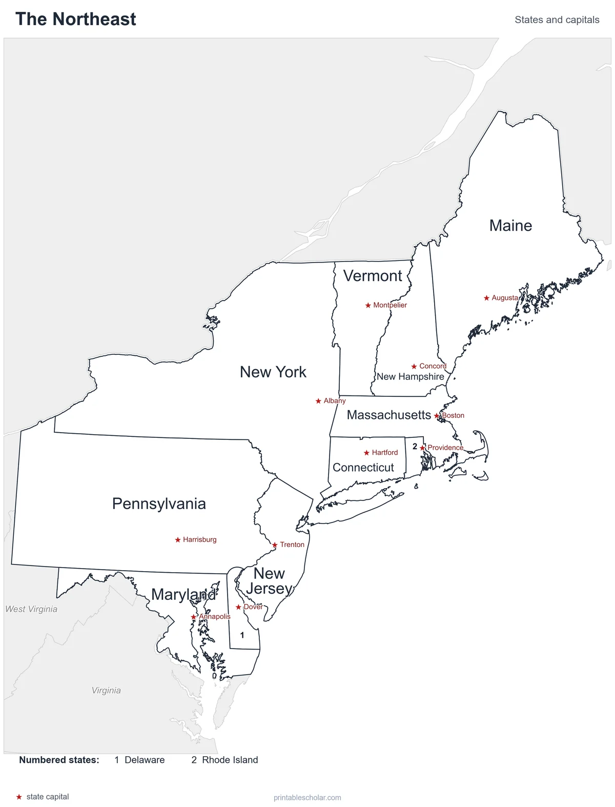 Northeast States Map, labeled