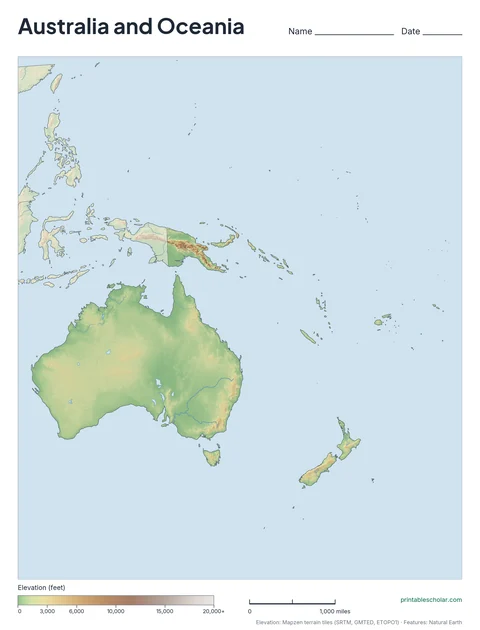 Australia and Oceania physical map, blank, for labeling practice