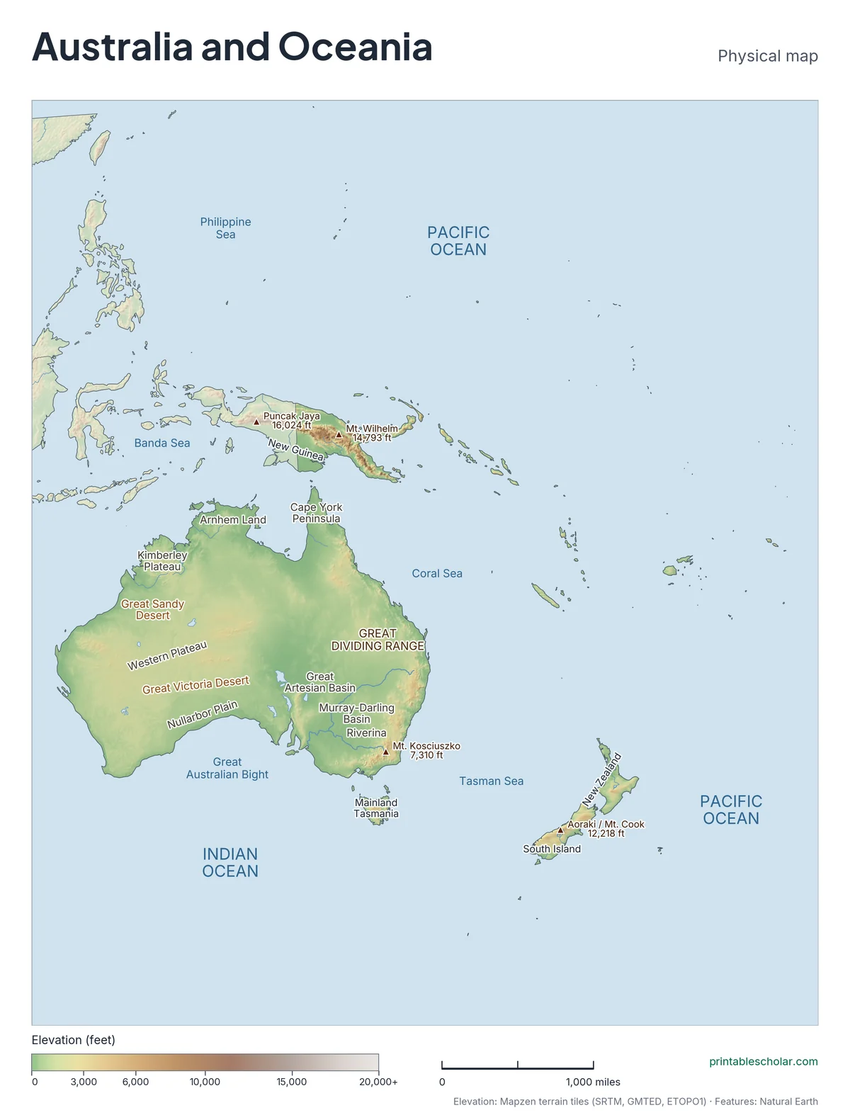 Physical map of Australia and Oceania with mountain ranges, deserts, rivers and highest peaks labeled