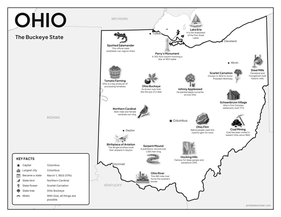 Black and white illustrated map of Ohio