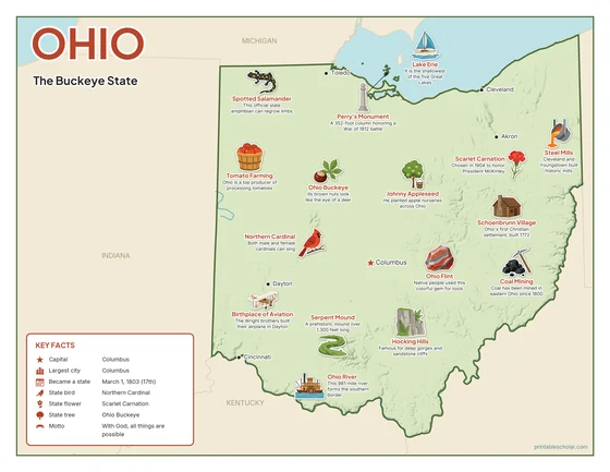 Illustrated map of Ohio in color