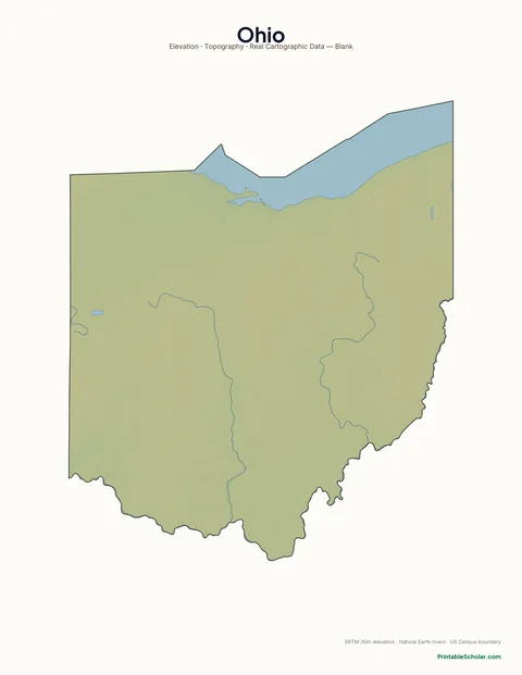 Ohio blank physical map — same topographic relief, no labels, for label-it-yourself geography exercises