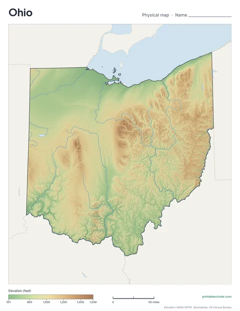 Ohio blank physical map: the same terrain with no labels, for labeling practice