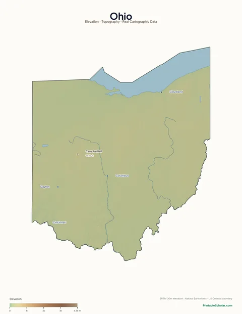 Ohio physical map labeled — showing the Allegheny Plateau, the Lake Erie shoreline, and the Till Plains, with peak elevations and major cities marked