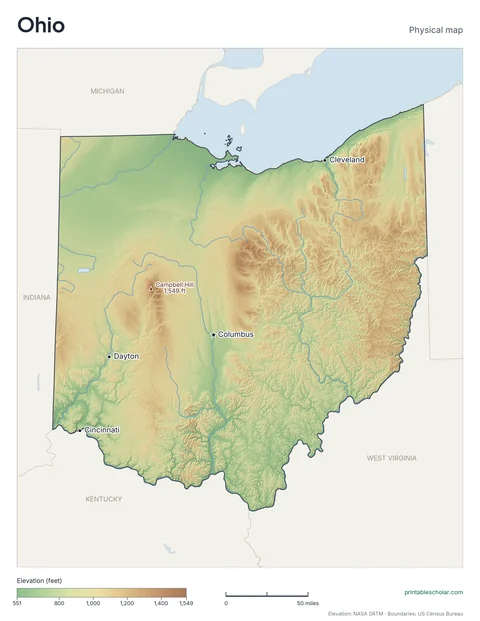 Ohio physical map, labeled: the Allegheny Plateau, the Lake Erie shoreline, and the Till Plains, with the capital, cities and highest point marked