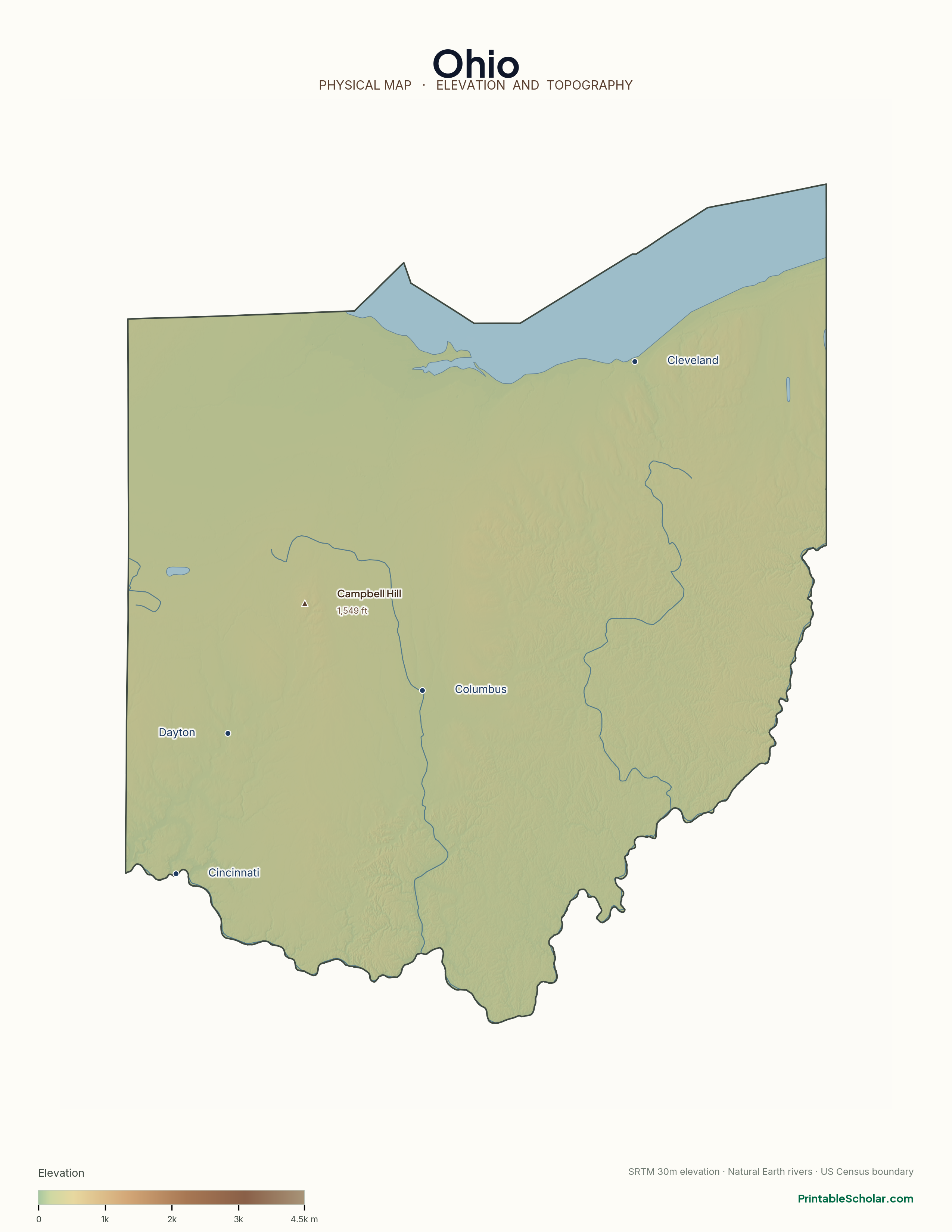 Ohio physical map with labeled peaks, cities, and rivers