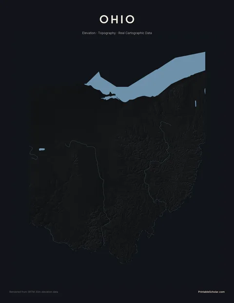 Ohio topographic relief poster — high-contrast monochrome rendering of the Allegheny Plateau, the Lake Erie shoreline, and the Till Plains