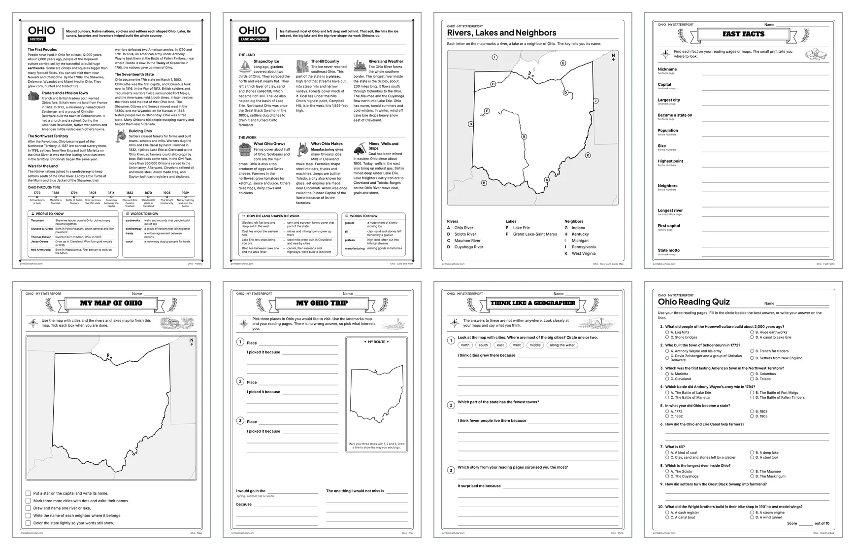 Eight pages from the Ohio State Report Kit: History, Land and Work, the rivers and lakes map, Fast Facts, My Map, My Trip, Think Like a Geographer and the reading quiz
