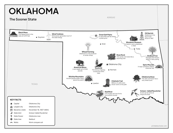 Black and white illustrated map of Oklahoma