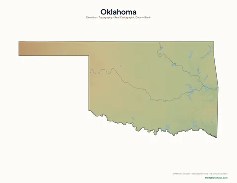 Oklahoma blank physical map — same topographic relief, no labels, for label-it-yourself geography exercises