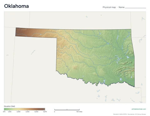 Oklahoma blank physical map: the same terrain with no labels, for labeling practice